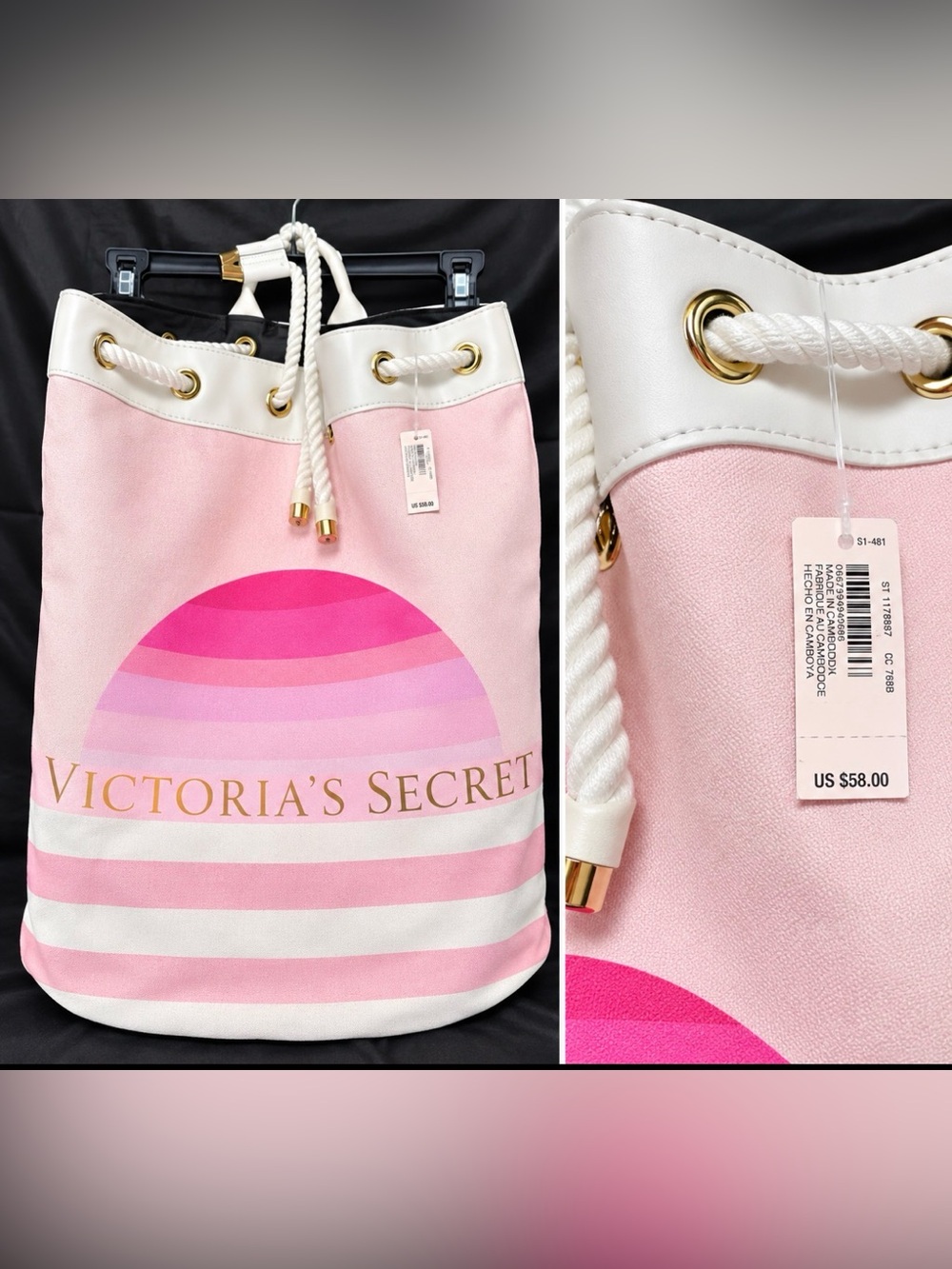 Victoria's Secret Pink and White Rope-Top Tote with Gold Accents - Picture 3 of 3